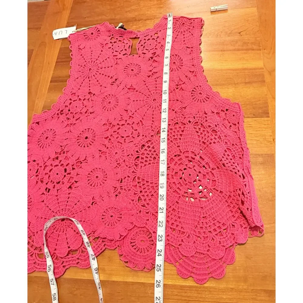 Lumiere Pink Crochet Tank Top Scalloped Open Knit Boho Large NWT - Picture 11 of 12